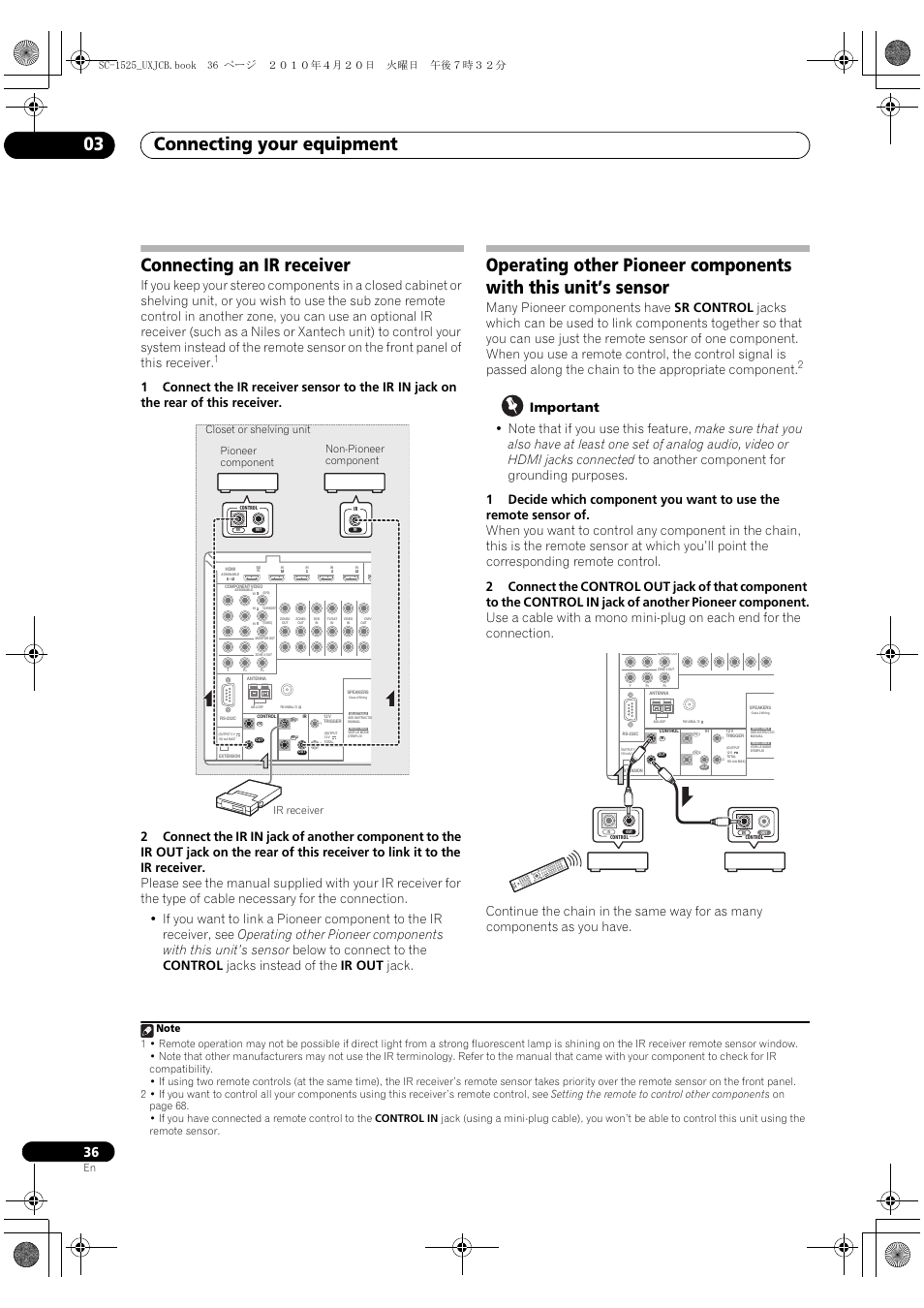 Connecting an ir receiver, Connecting your equipment 03 | Pioneer SC-1525-K User Manual | Page 36 / 116