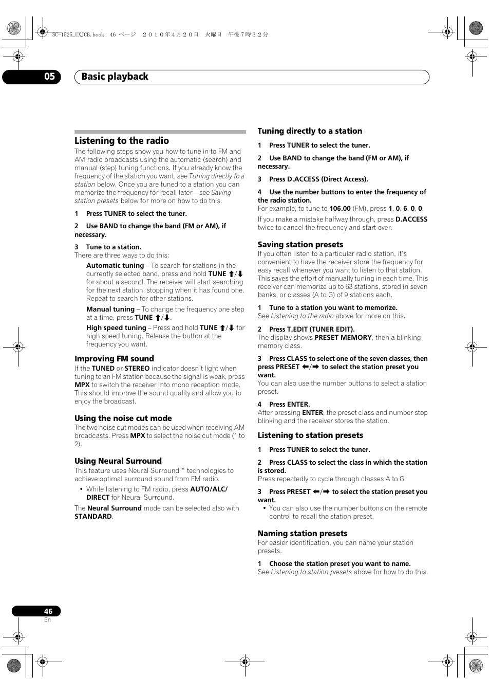 Listening to the radio, Improving fm sound, Using the noise cut mode | Using neural surround, Tuning directly to a station, Saving station presets, Listening to station presets, Naming station presets, Basic playback 05 | Pioneer SC-1525-K User Manual | Page 46 / 116