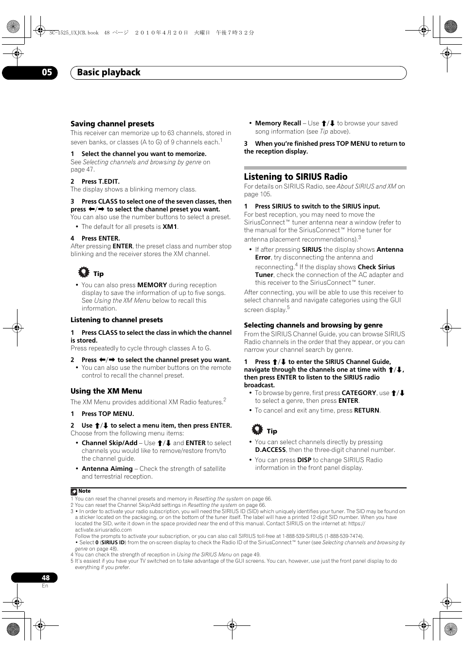 Saving channel presets, Using the xm menu, Listening to sirius radio | Saving channel presets using the xm menu, Basic playback 05 | Pioneer SC-1525-K User Manual | Page 48 / 116