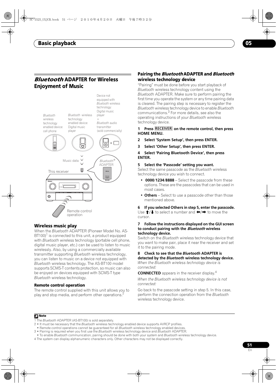 Bluetooth adapter for wireless enjoyment of music, Wireless music play, Bluetooth adapter fo | R wireless enjoyment of, Music, Bluetooth, Basic playback 05, Adapter for wireless enjoyment of music | Pioneer SC-1525-K User Manual | Page 51 / 116