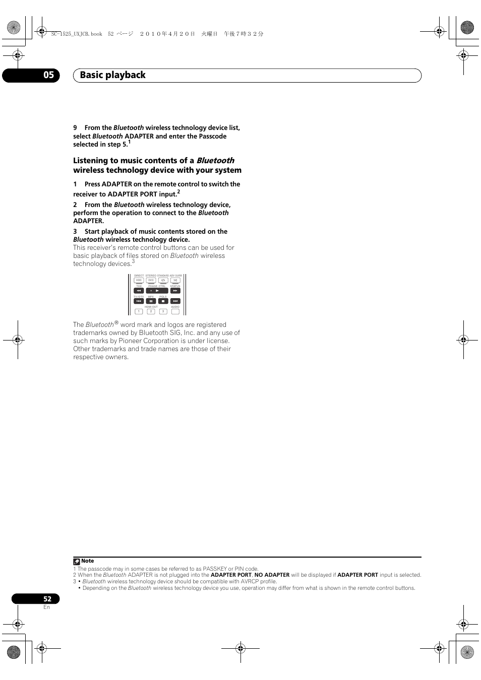 Basic playback 05, Bluetooth, Listening to music contents of a | Wireless technology device with your system | Pioneer SC-1525-K User Manual | Page 52 / 116