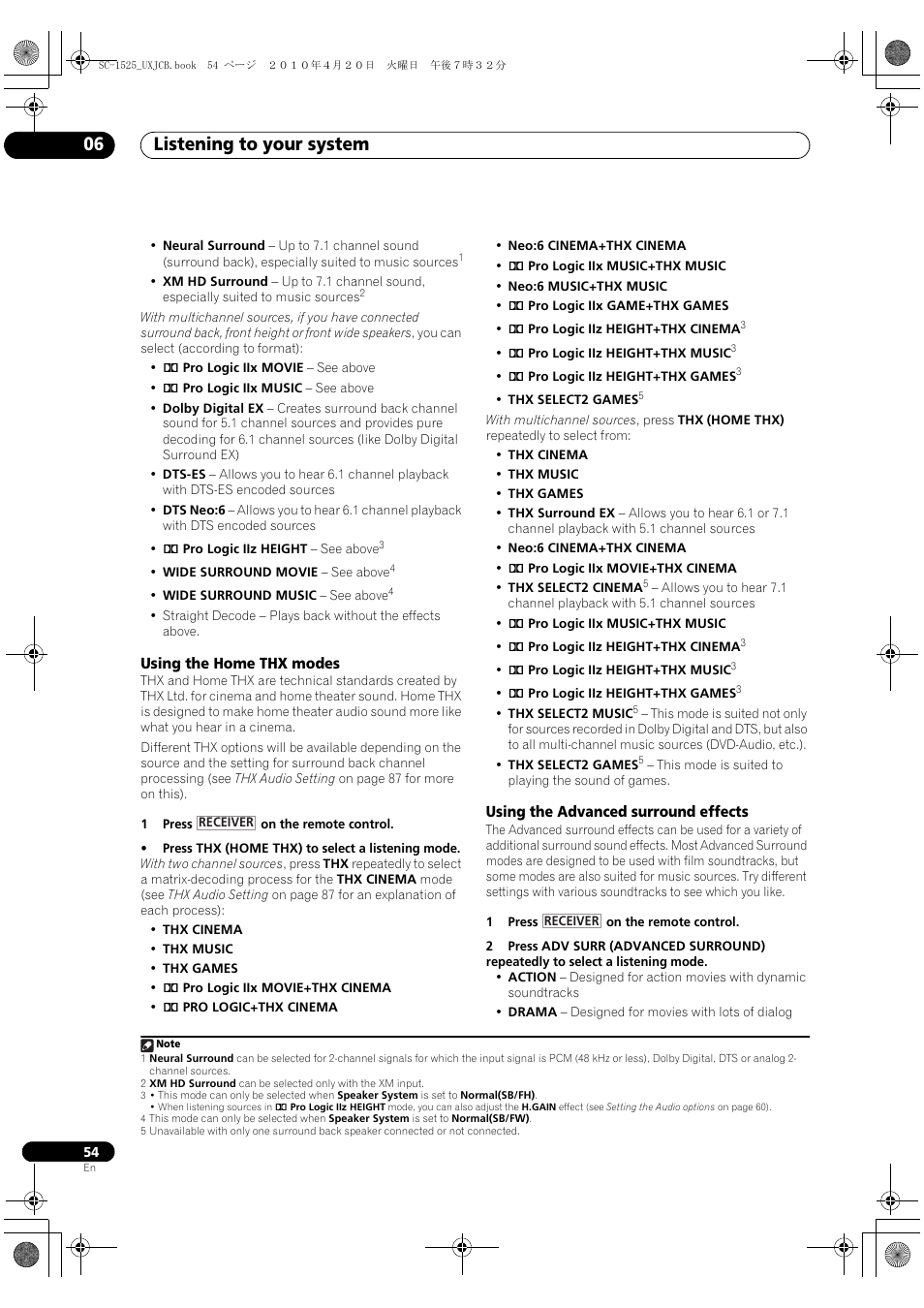 Using the home thx modes, Using the advanced surround effects, Listening to your system 06 | Pioneer SC-1525-K User Manual | Page 54 / 116