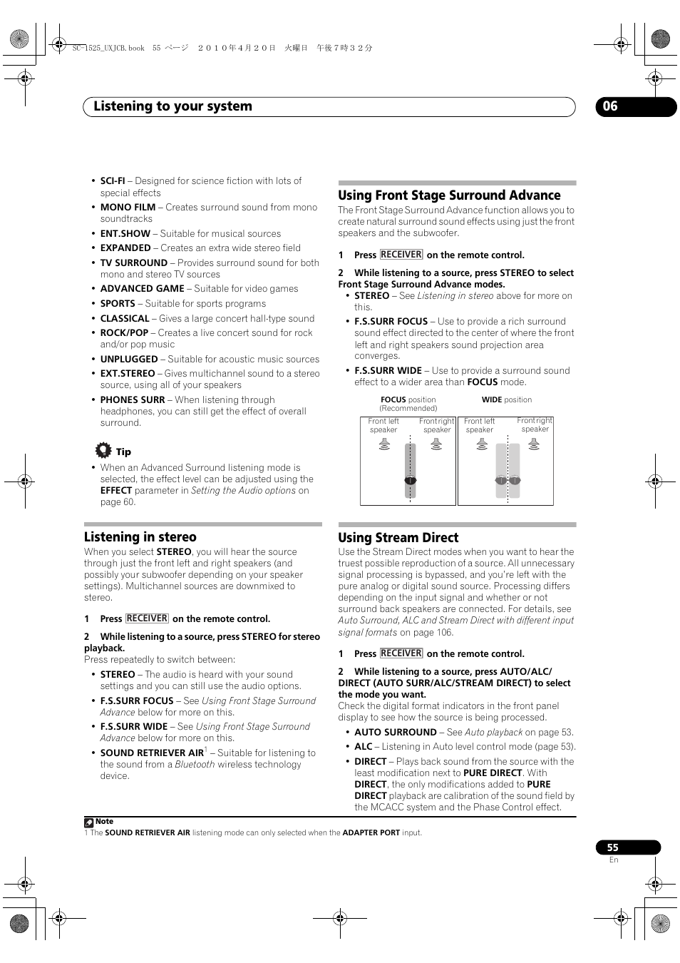 Listening in stereo, Using front stage surround advance, Using stream direct | Listening to your system 06 | Pioneer SC-1525-K User Manual | Page 55 / 116