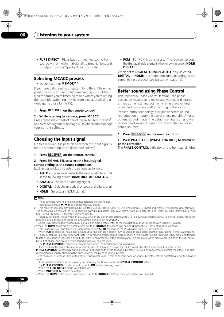 Selecting mcacc presets, Choosing the input signal, Better sound using phase control | Listening to your system 06 | Pioneer SC-1525-K User Manual | Page 56 / 116