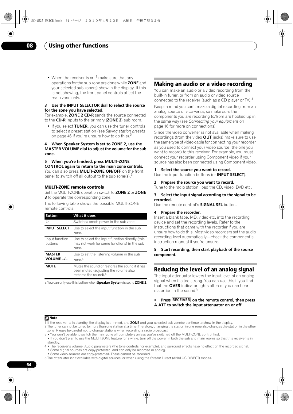 Making an audio or a video recording, Reducing the level of an analog signal, Using other functions 08 | Pioneer SC-1525-K User Manual | Page 64 / 116