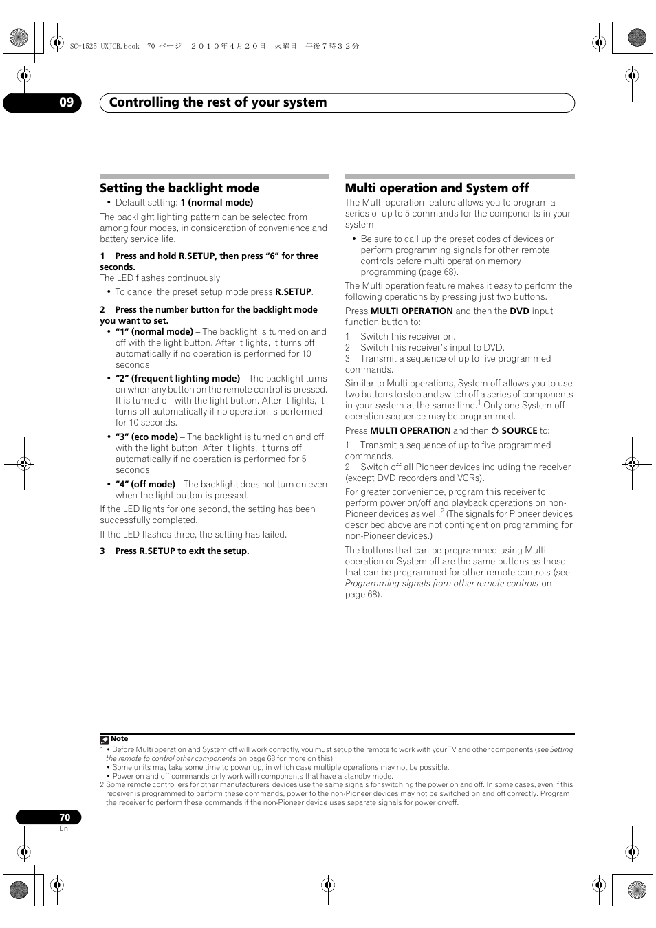 Setting the backlight mode, Multi operation and system off, Controlling the rest of your system 09 | Pioneer SC-1525-K User Manual | Page 70 / 116