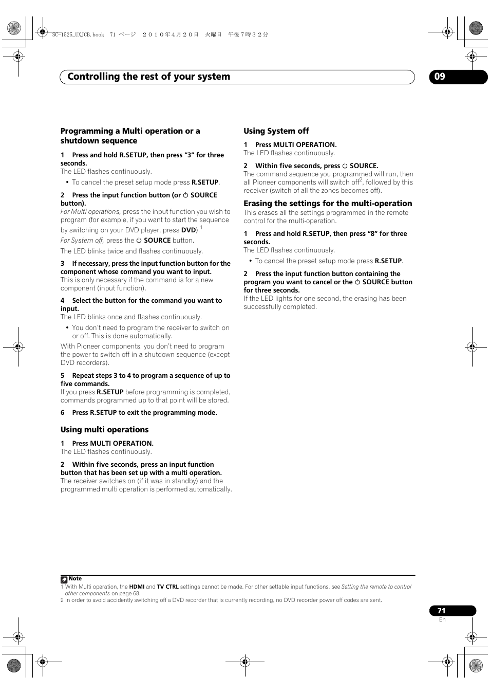 Using multi operations, Using system off, Erasing the settings for the multi-operation | Controlling the rest of your system 09 | Pioneer SC-1525-K User Manual | Page 71 / 116