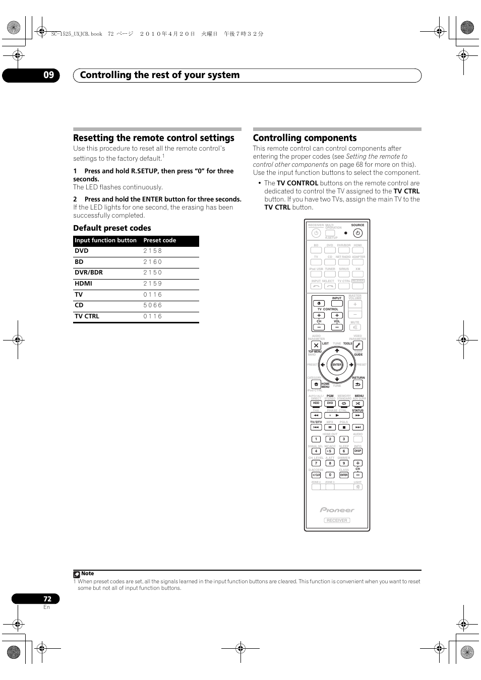 Resetting the remote control settings, Default preset codes, Controlling components | Controlling the rest of your system 09 | Pioneer SC-1525-K User Manual | Page 72 / 116