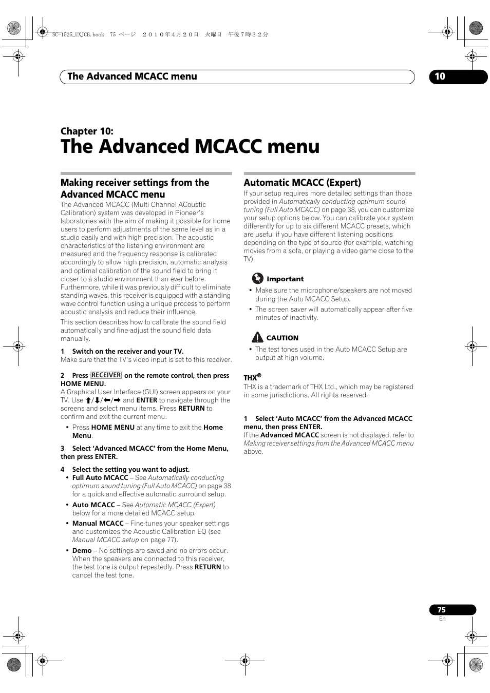 The advanced mcacc menu, Automatic mcacc (expert), 10 the advanced mcacc menu | The advanced mcacc menu 10, Chapter 10 | Pioneer SC-1525-K User Manual | Page 75 / 116