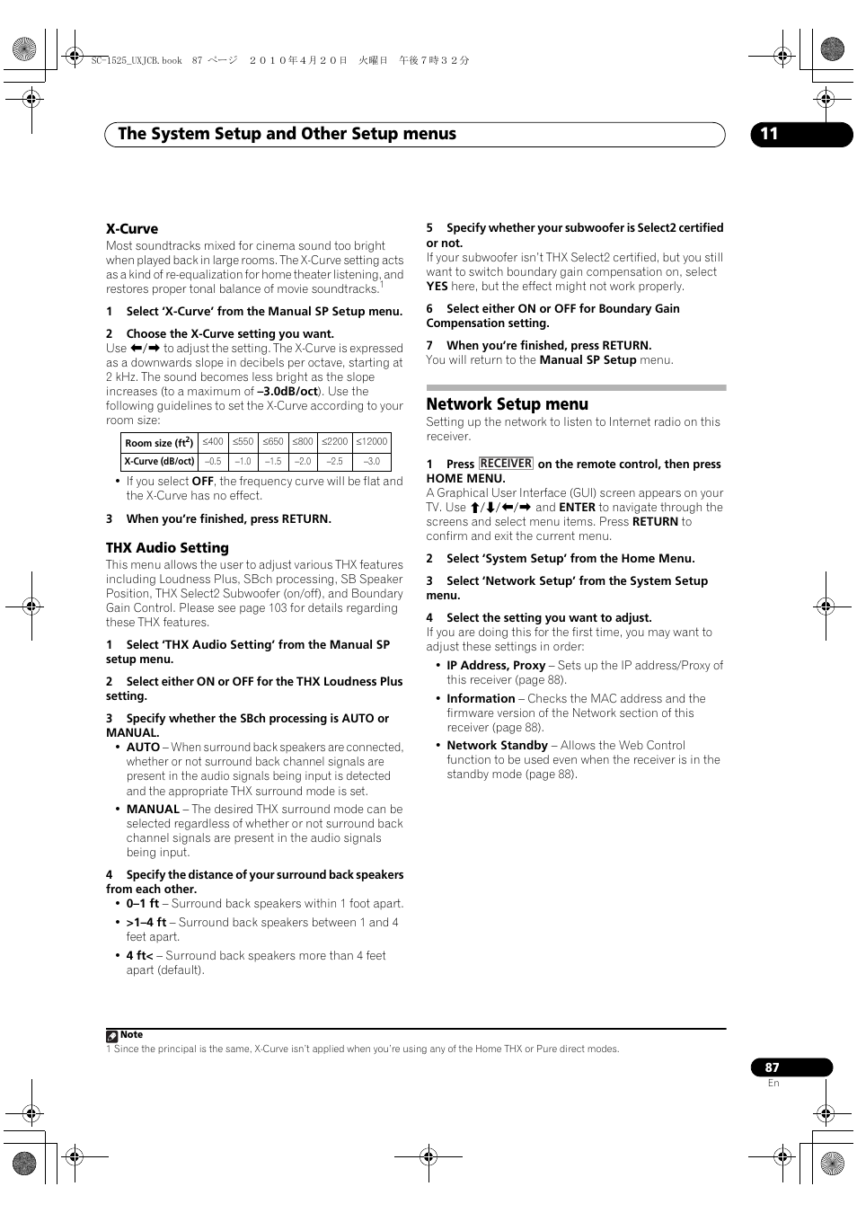 X-curve, Thx audio setting, Network setup menu | X-curve thx audio setting, The system setup and other setup menus 11 | Pioneer SC-1525-K User Manual | Page 87 / 116