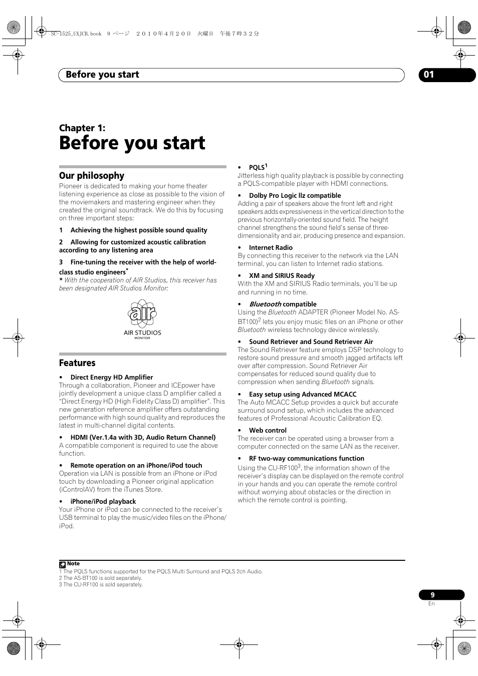 Before you start, Our philosophy, Features | 01 before you start, Our philosophy features, Before you start 01, Chapter 1 | Pioneer SC-1525-K User Manual | Page 9 / 116