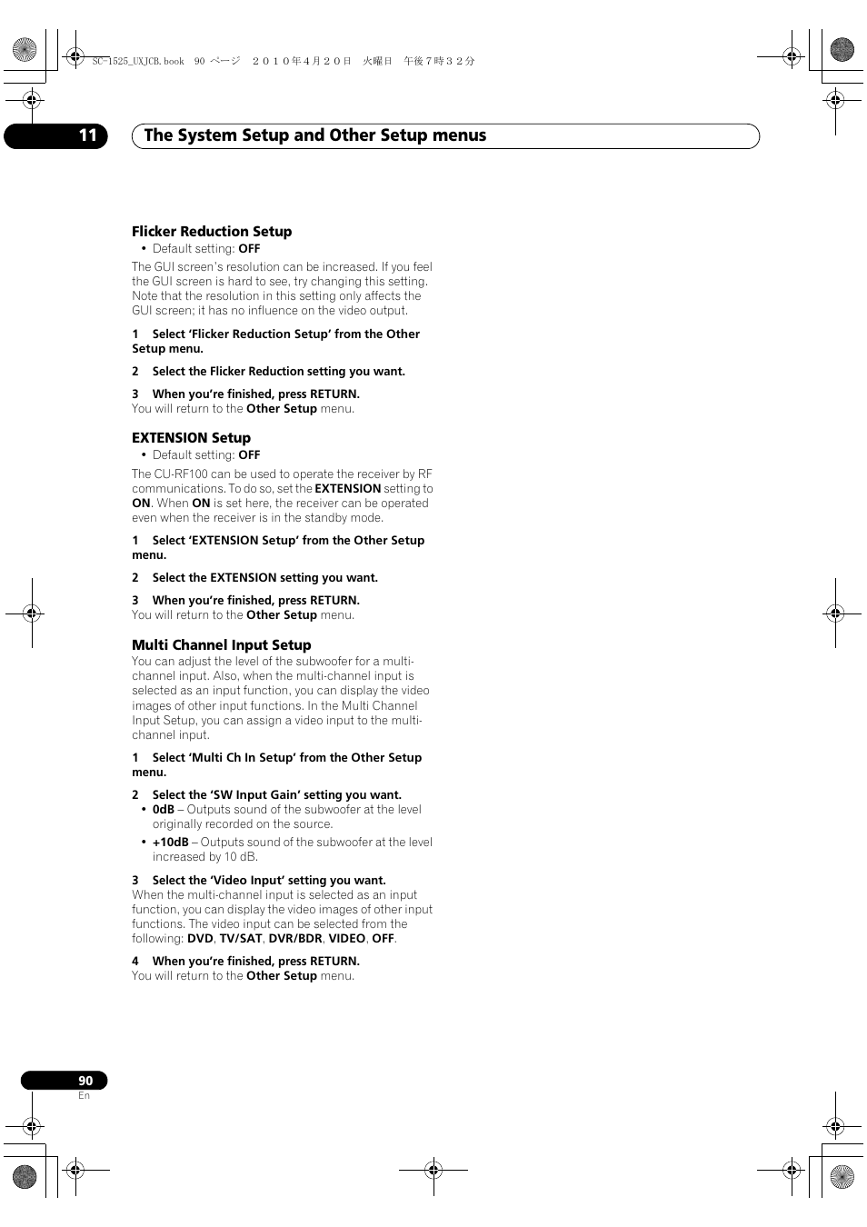 Flicker reduction setup, Extension setup, Multi channel input setup | The system setup and other setup menus 11 | Pioneer SC-1525-K User Manual | Page 90 / 116