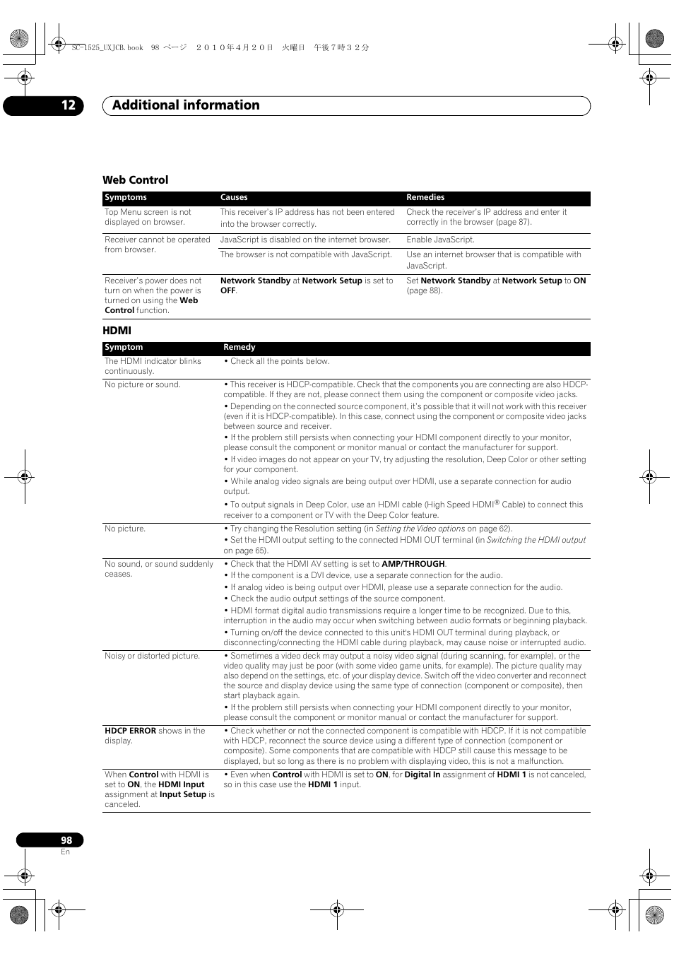 Web control, Hdmi, Additional information 12 | Pioneer SC-1525-K User Manual | Page 98 / 116