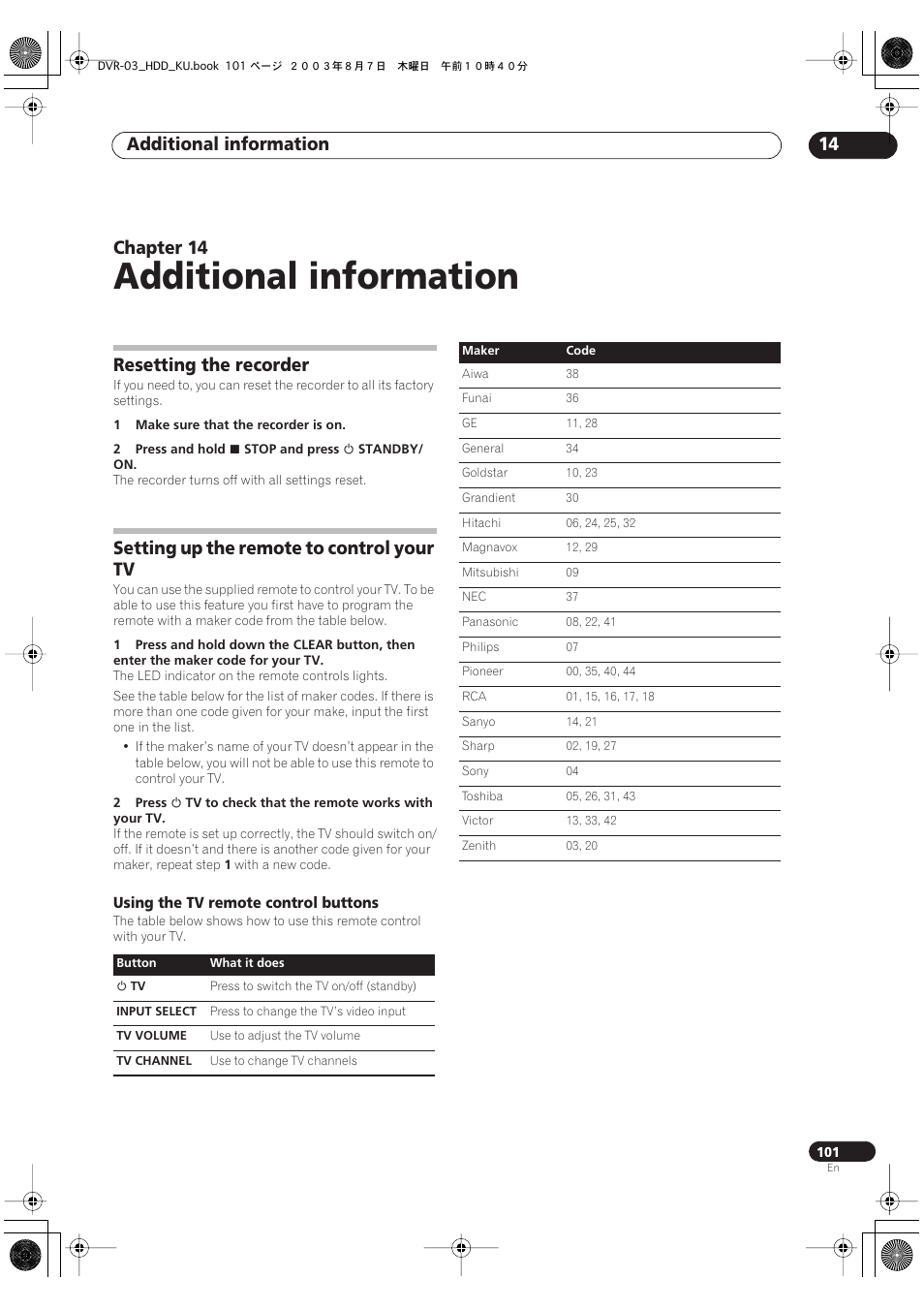 14 additional information, Resetting the recorder, Setting up the remote to control your tv | Additional information, Additional information 14, Chapter 14 | Pioneer DVR-510H User Manual | Page 101 / 116