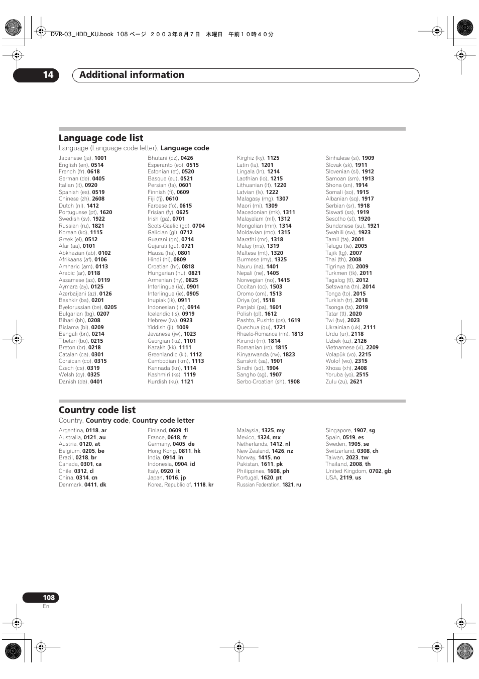 Language code list, Country code list, Additional information 14 | Pioneer DVR-510H User Manual | Page 108 / 116
