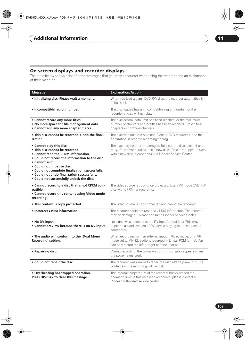 On-screen displays and recorder displays, Additional information 14 | Pioneer DVR-510H User Manual | Page 109 / 116