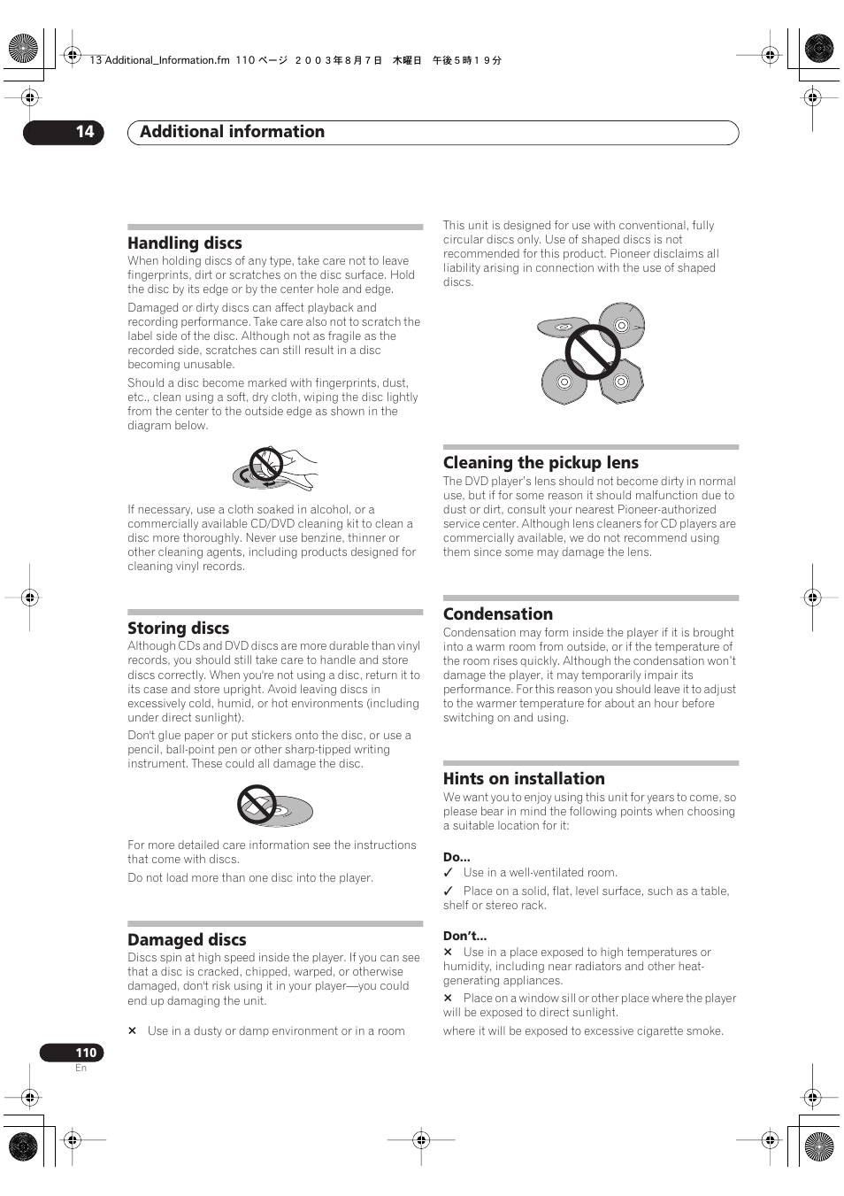 Handling discs, Storing discs, Damaged discs | Cleaning the pickup lens, Condensation, Hints on installation, Additional information 14 | Pioneer DVR-510H User Manual | Page 110 / 116