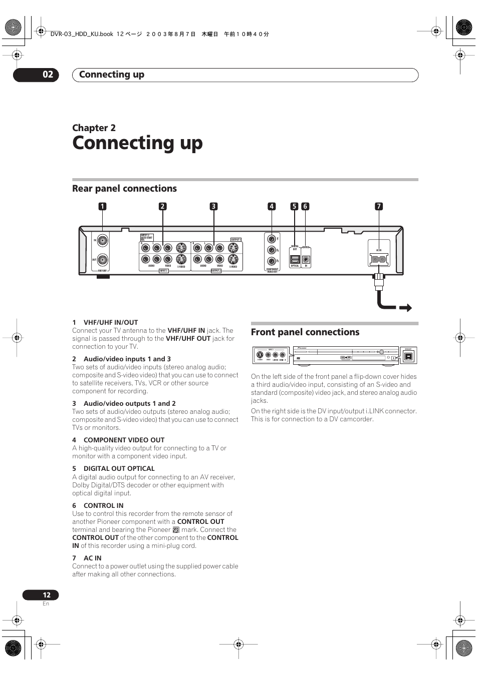 02 connecting up, Rear panel connections, Front panel connections | Connecting up, Connecting up 02, Chapter 2 | Pioneer DVR-510H User Manual | Page 12 / 116