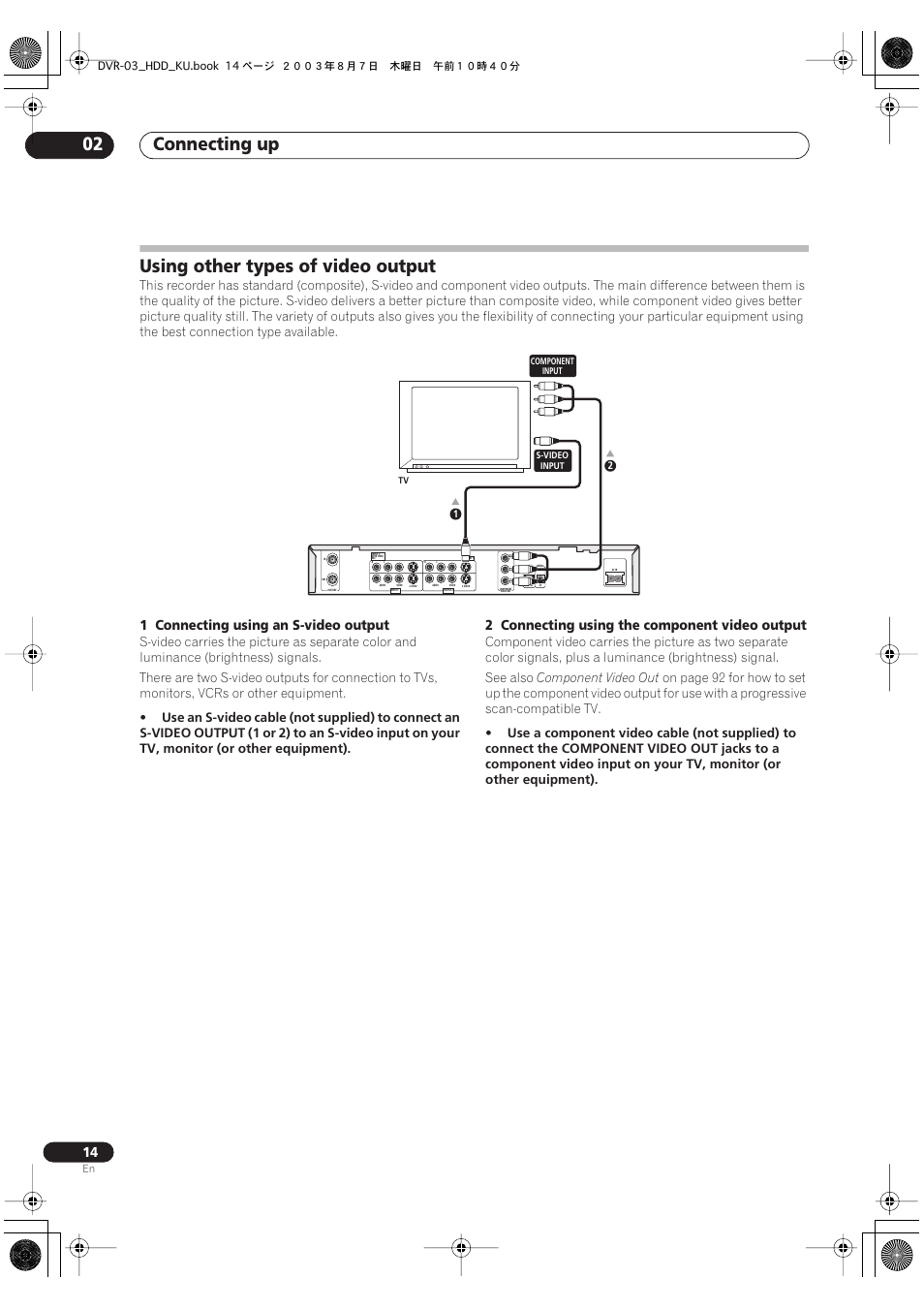 Using other types of video output, Connecting up 02, 1 connecting using an s-video output | 2 connecting using the component video output, Component video out | Pioneer DVR-510H User Manual | Page 14 / 116
