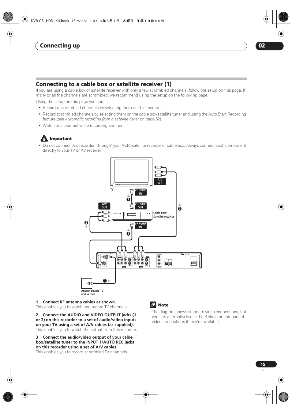 Connecting up 02, Automatic recording from a satellite tuner, Important | 1connect rf antenna cables as shown, This enables you to watch and record tv channels, This enables you to record scrambled tv channels | Pioneer DVR-510H User Manual | Page 15 / 116