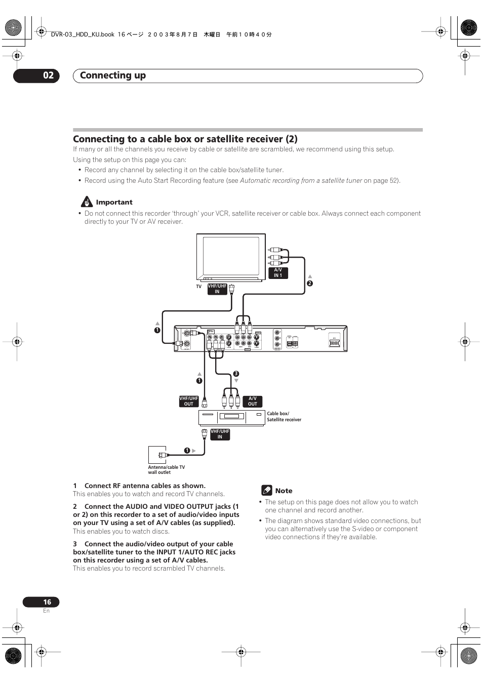 Connecting up 02, Automatic recording from a satellite tuner, On page 52) | Important, 1connect rf antenna cables as shown, This enables you to watch and record tv channels, This enables you to watch discs, This enables you to record scrambled tv channels | Pioneer DVR-510H User Manual | Page 16 / 116