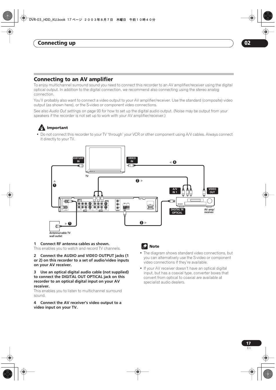 Connecting to an av amplifier, Connecting up 02, Audio out settings | Important, 1connect rf antenna cables as shown, This enables you to watch and record tv channels | Pioneer DVR-510H User Manual | Page 17 / 116