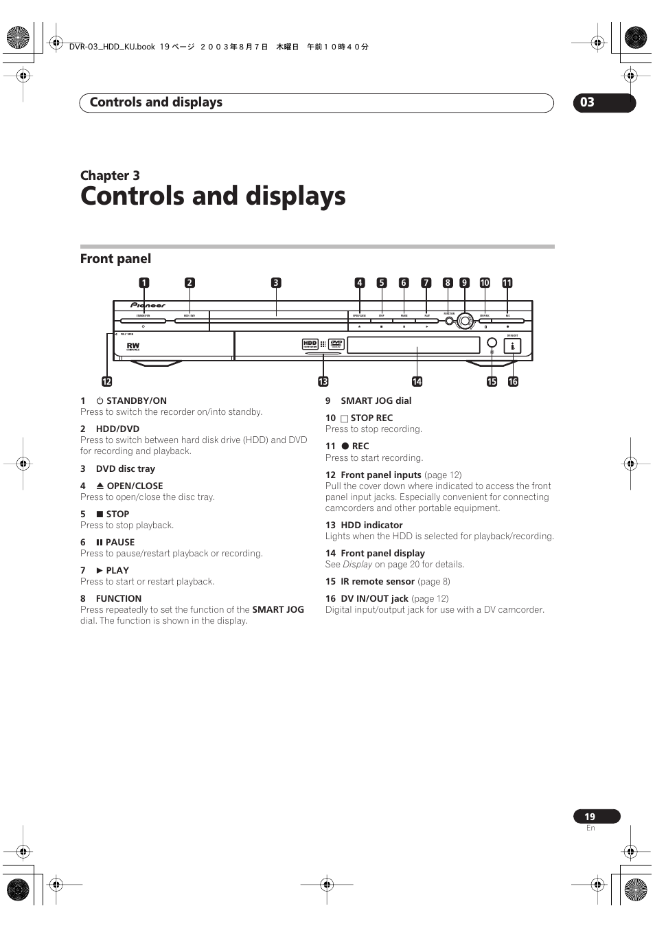 03 controls and displays, Front panel, Controls and displays | Controls and displays 03, Chapter 3 | Pioneer DVR-510H User Manual | Page 19 / 116