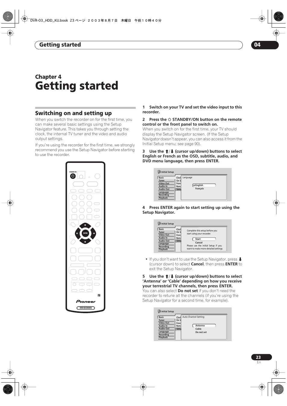 04 getting started, Switching on and setting up, Getting started | Getting started 04, Chapter 4 | Pioneer DVR-510H User Manual | Page 23 / 116