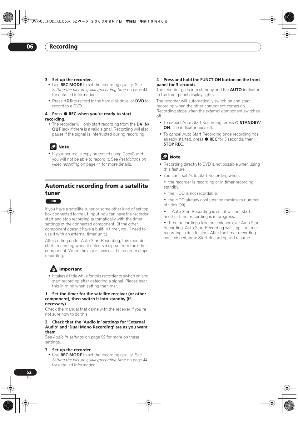 Automatic recording from a satellite tuner, Recording 06 | Pioneer DVR-510H User Manual | Page 52 / 116