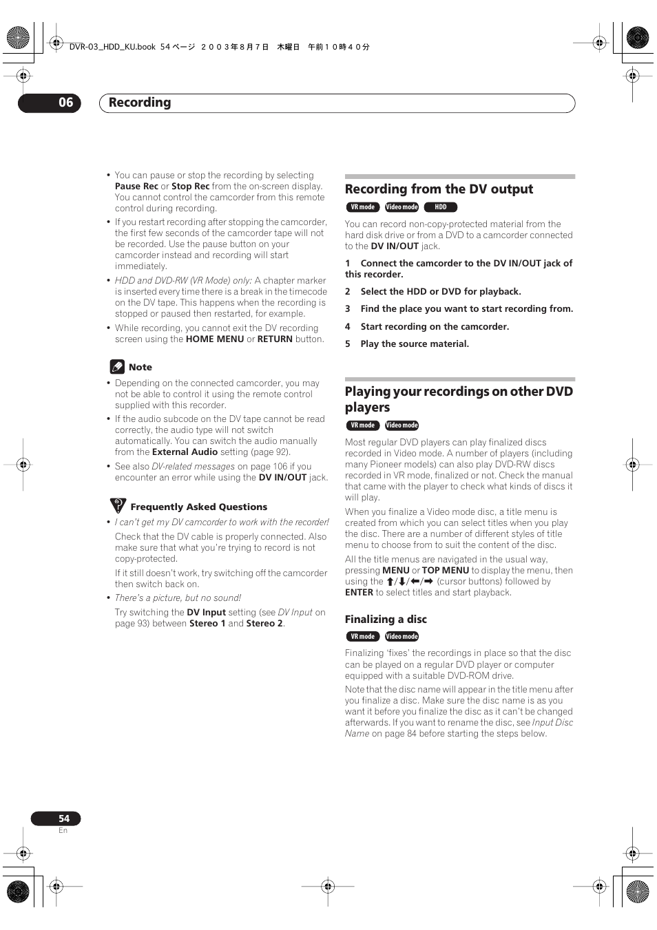 Recording from the dv output, Playing your recordings on other dvd players, Recording 06 | Pioneer DVR-510H User Manual | Page 54 / 116