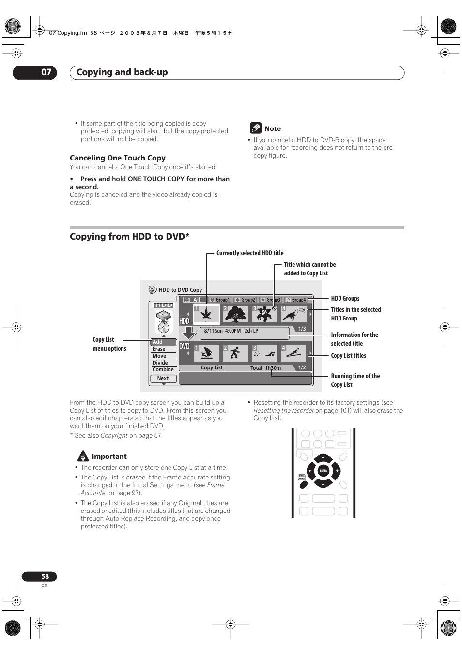 Copying from hdd to dvd, Copying and back-up 07, Dvd hdd hdd | Pioneer DVR-510H User Manual | Page 58 / 116