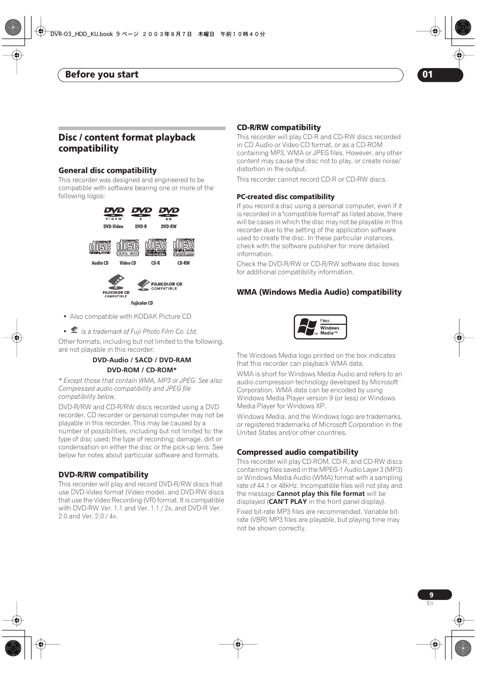 Disc / content format playback compatibility, Before you start 01 | Pioneer DVR-510H User Manual | Page 9 / 116