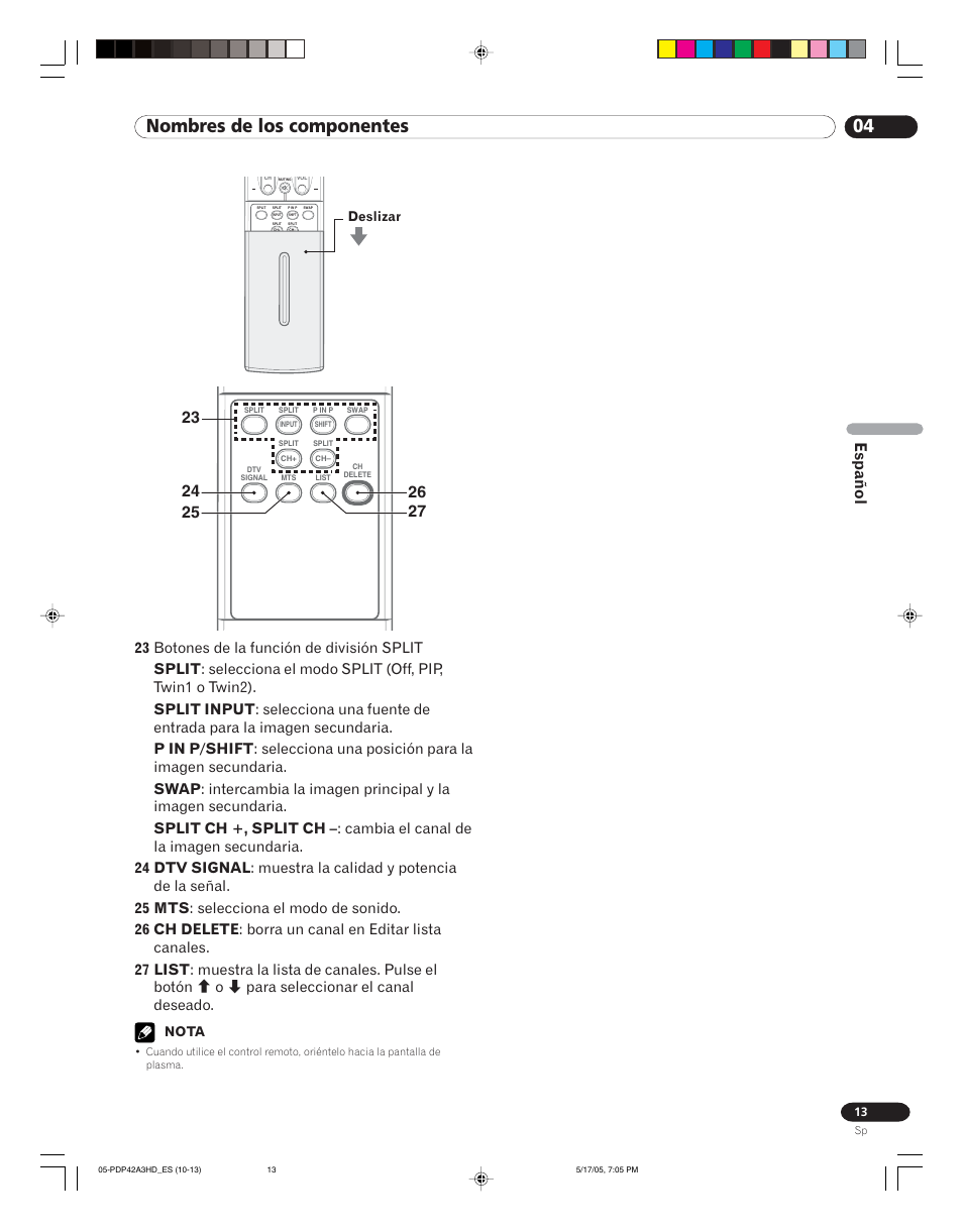 04 nombres de los componentes, Español, Nota | Deslizar | Pioneer PureVision PDP 42A3HD User Manual | Page 101 / 134