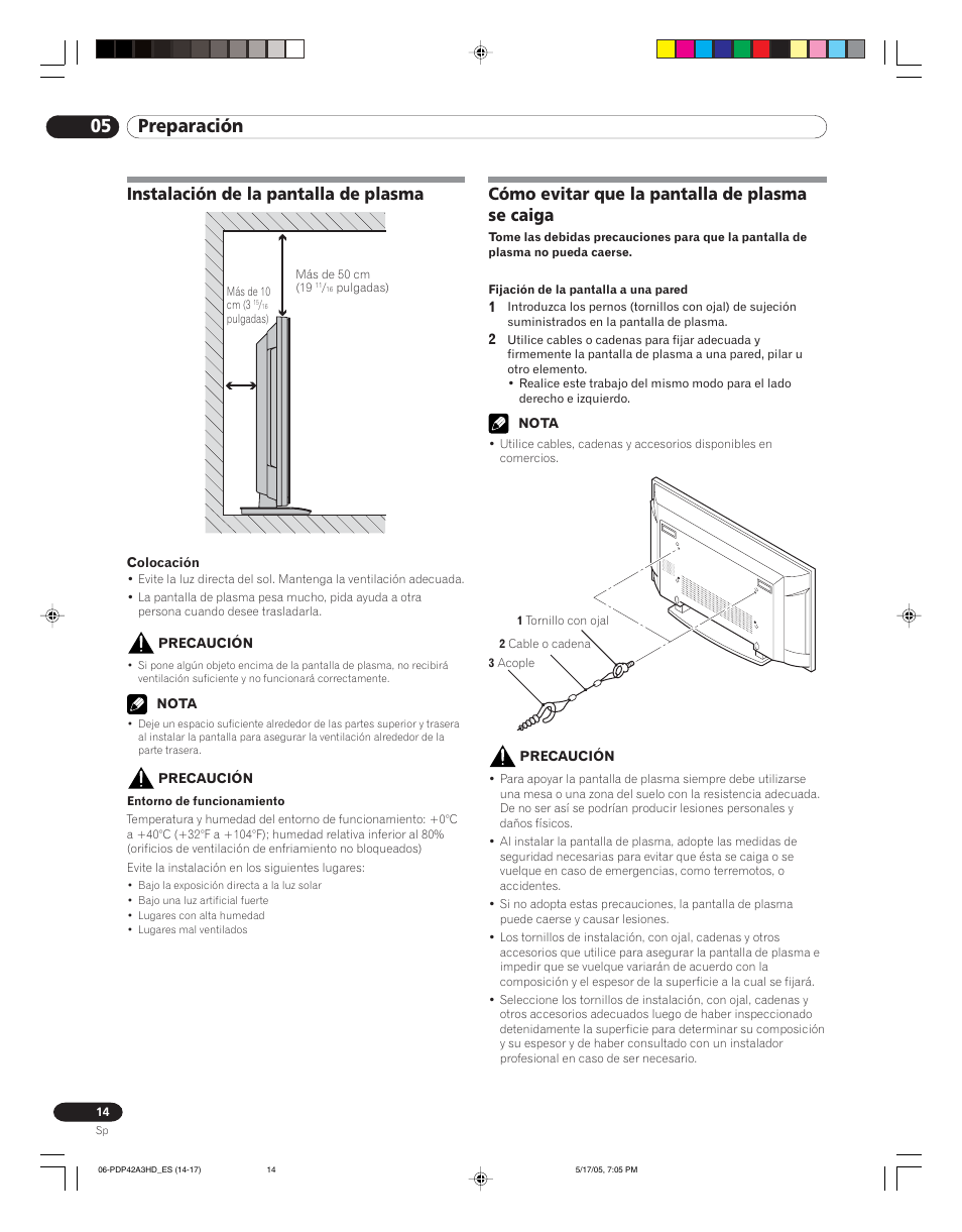 05 preparación, Instalación de la pantalla de plasma, Cómo evitar que la pantalla de plasma se caiga | Pioneer PureVision PDP 42A3HD User Manual | Page 102 / 134