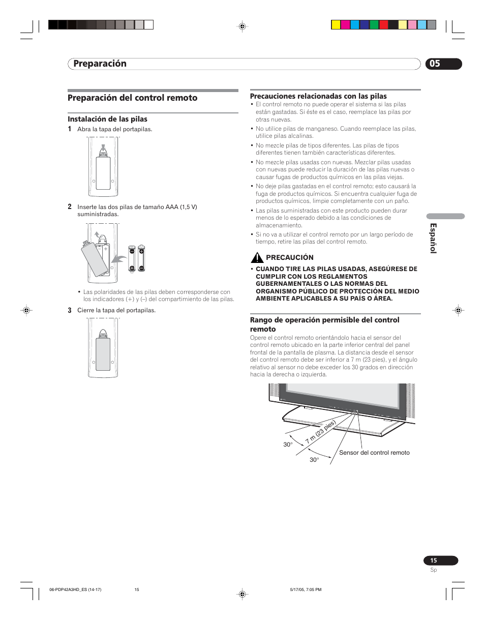 Preparación del control remoto, Control remoto, 05 preparación | Pioneer PureVision PDP 42A3HD User Manual | Page 103 / 134