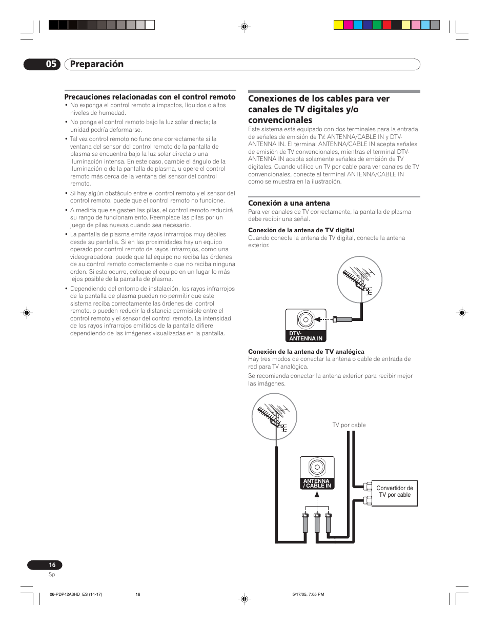 Precauciones relacionadas con el control remoto, Conexiones de los cables para ver canales de tv, Digitales y/o convencionales | Conexión a una antena, 05 preparación | Pioneer PureVision PDP 42A3HD User Manual | Page 104 / 134