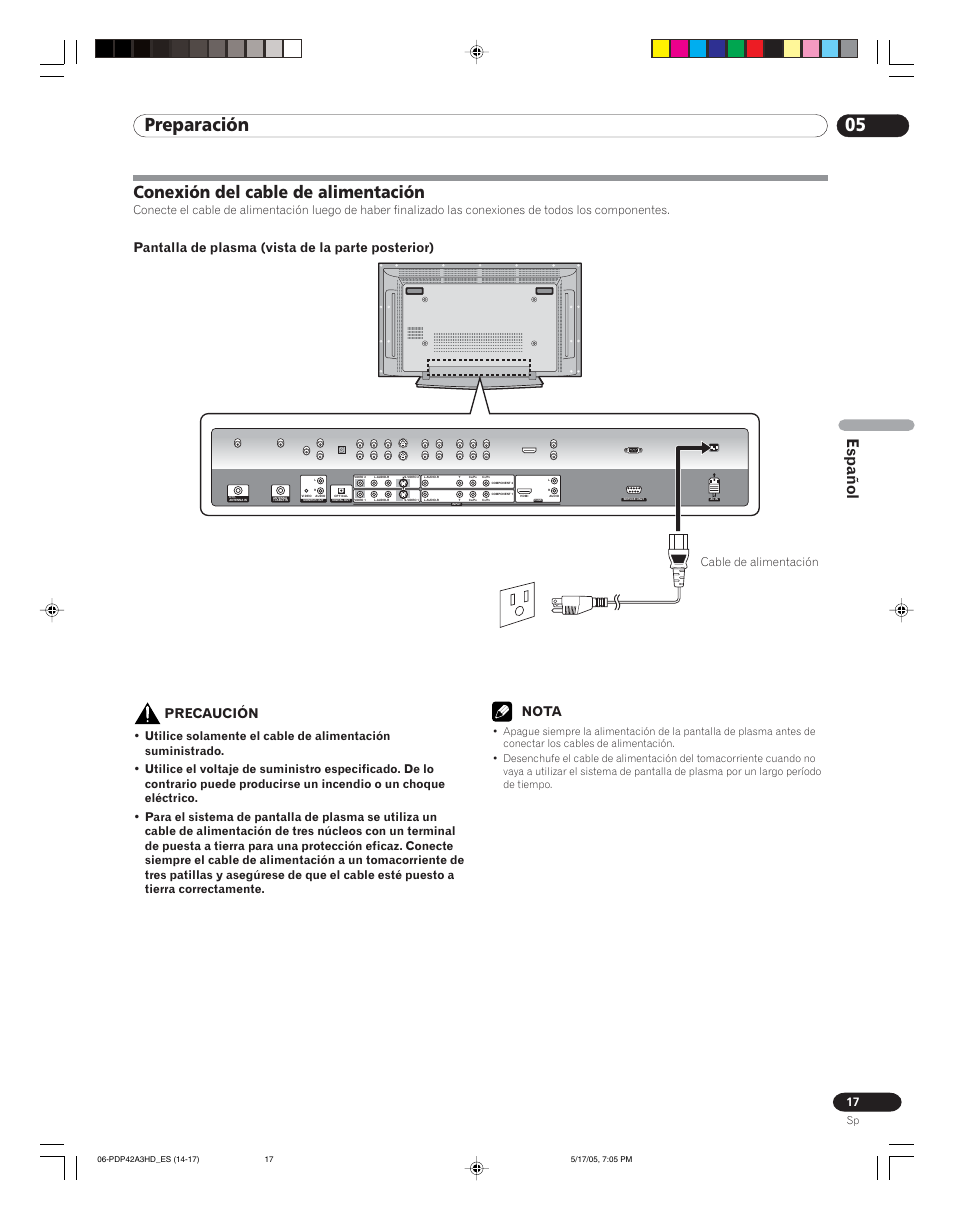 Conexión del cable de alimentación, 05 preparación, Español | Pantalla de plasma (vista de la parte posterior), Precaución, Nota | Pioneer PureVision PDP 42A3HD User Manual | Page 105 / 134