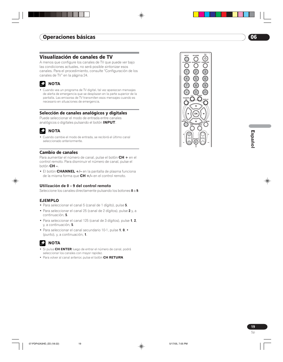 Visualización de canales de tv, 06 operaciones básicas, Español | Selección de canales analógicos y digitales, Cambio de canales | Pioneer PureVision PDP 42A3HD User Manual | Page 107 / 134