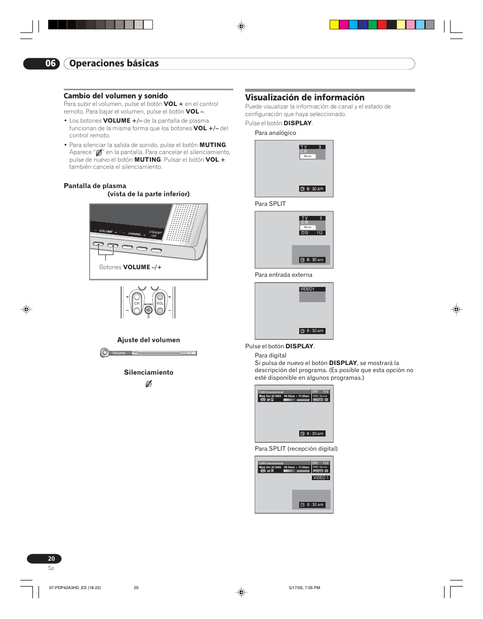 Cambio del volumen y sonido, Visualización de información, 06 operaciones básicas | Pantalla de plasma (vista de la parte inferior), Ajuste del volumen, Silenciamiento | Pioneer PureVision PDP 42A3HD User Manual | Page 108 / 134