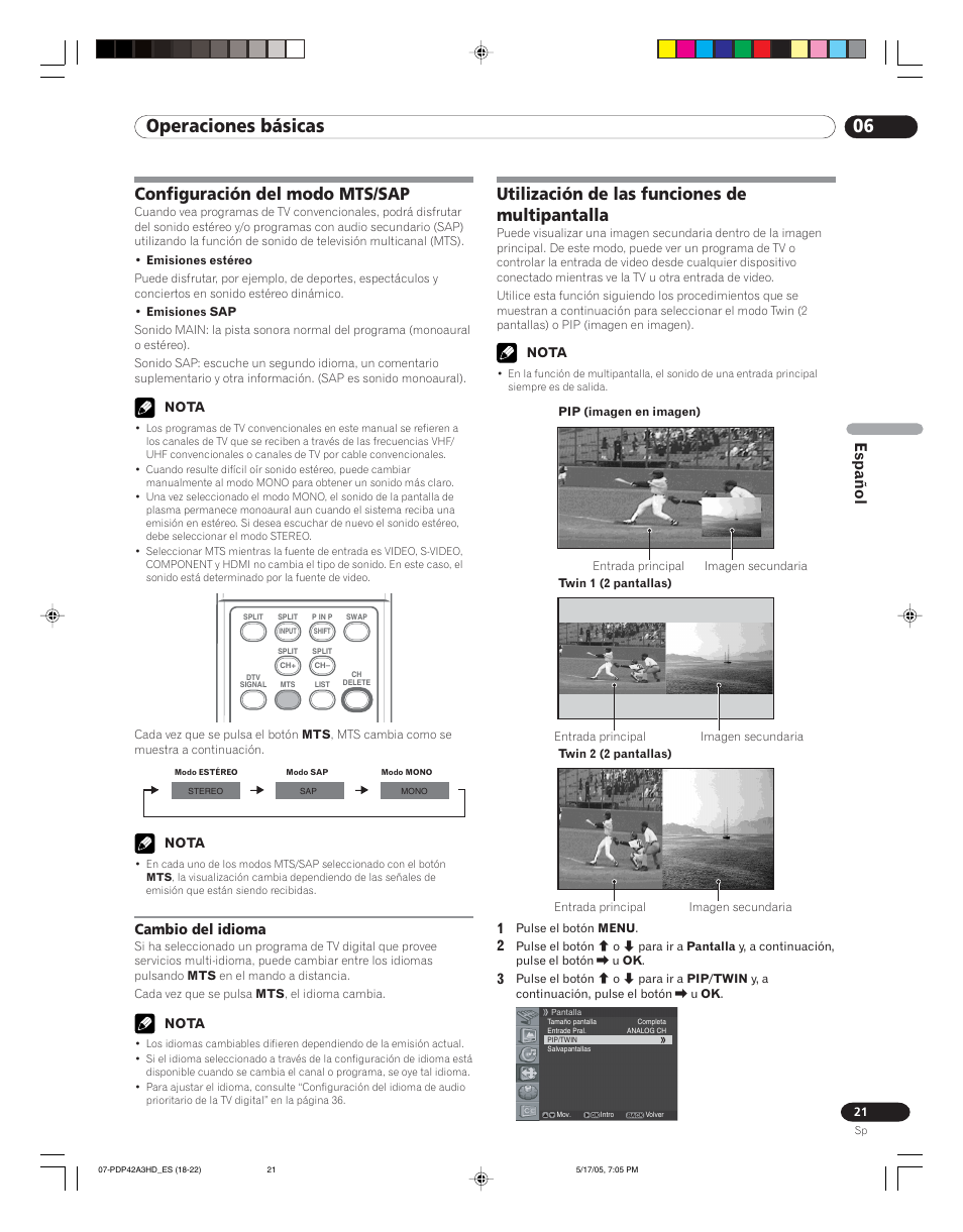 Configuración del modo mts/sap, Cambio del idioma, Utilización de las funciones de multipantalla | 06 operaciones básicas, Español | Pioneer PureVision PDP 42A3HD User Manual | Page 109 / 134