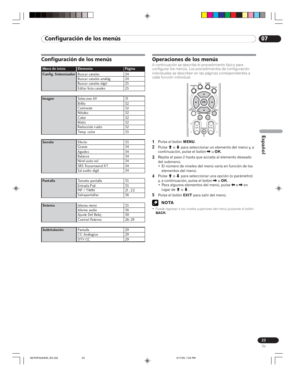 07 configuración de los menús, Configuración de los menús, Operaciones de los menús | Español | Pioneer PureVision PDP 42A3HD User Manual | Page 111 / 134