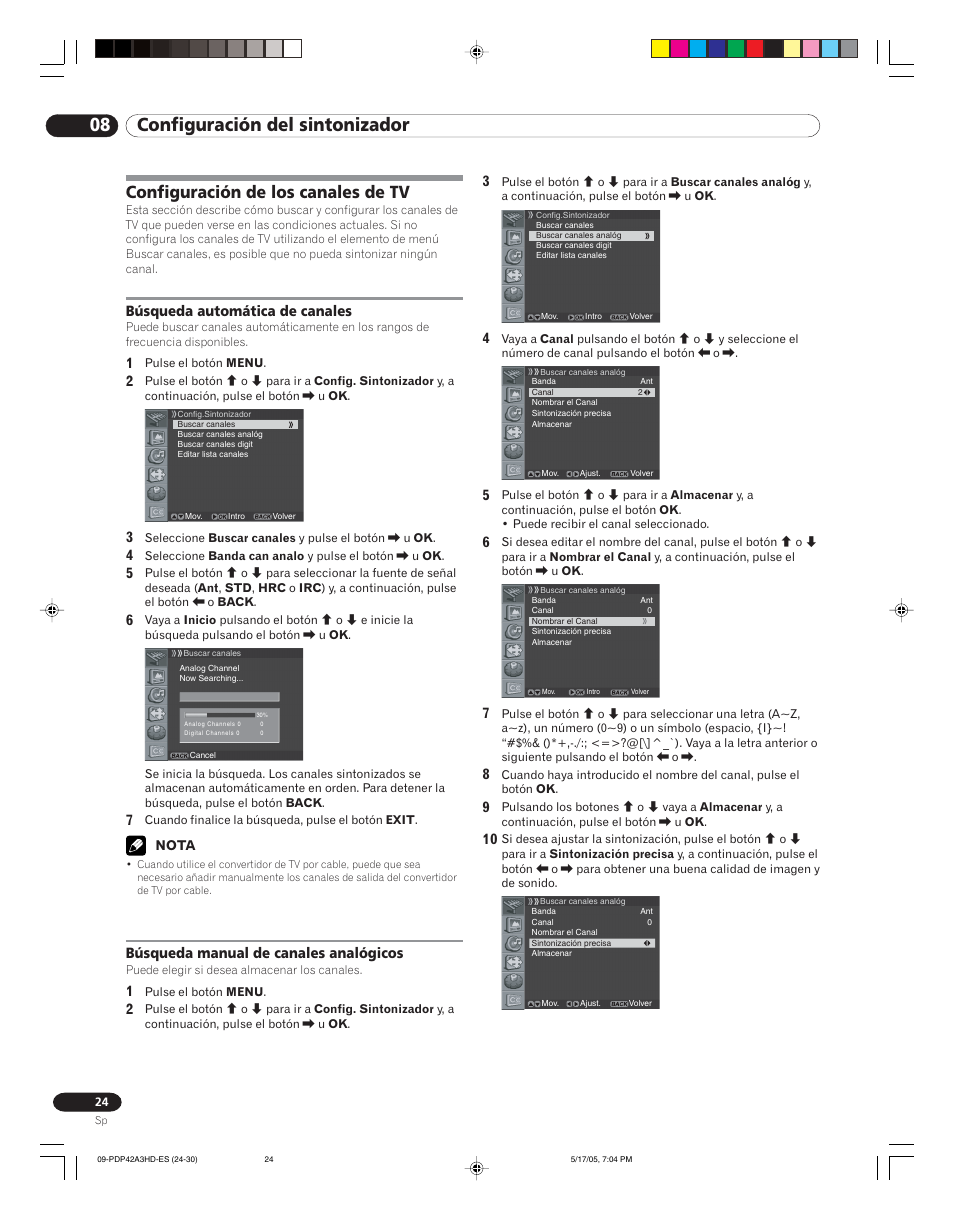 08 configuración del sintonizador, Configuración de los canales de tv, Búsqueda automática de canales | Búsqueda manual de canales analógicos | Pioneer PureVision PDP 42A3HD User Manual | Page 112 / 134