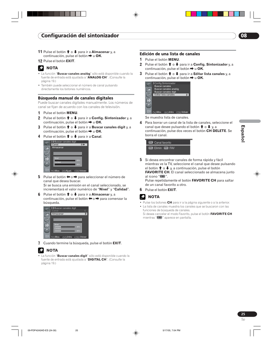 08 configuración del sintonizador, Español | Pioneer PureVision PDP 42A3HD User Manual | Page 113 / 134