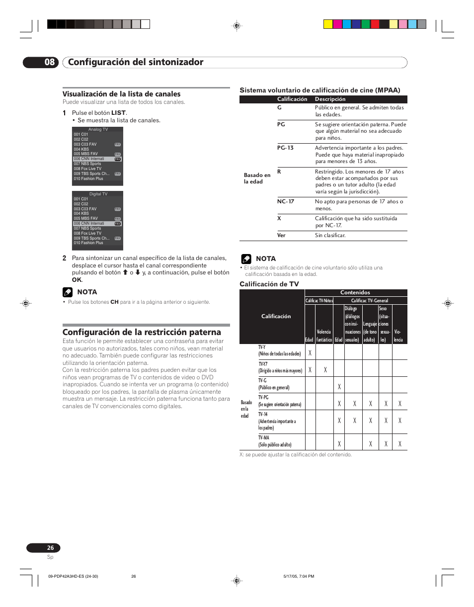 Visualización de la lista de canales, Configuración de la restricción paterna, 08 configuración del sintonizador | Pioneer PureVision PDP 42A3HD User Manual | Page 114 / 134