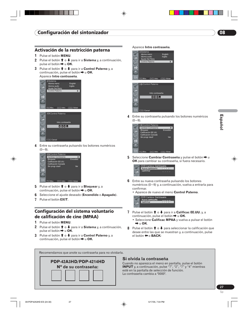 De calificación de cine (mpaa), 08 configuración del sintonizador, Activación de la restricción paterna | Español | Pioneer PureVision PDP 42A3HD User Manual | Page 115 / 134