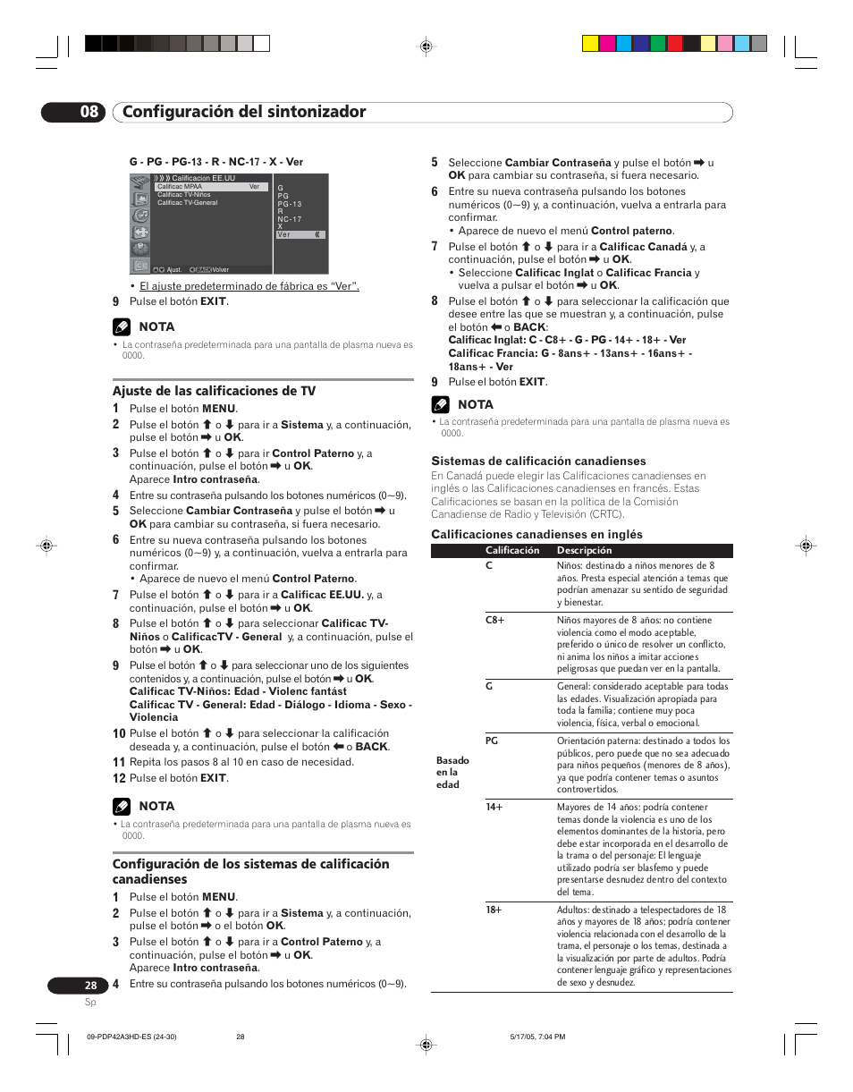 Canadienses, 08 configuración del sintonizador | Pioneer PureVision PDP 42A3HD User Manual | Page 116 / 134