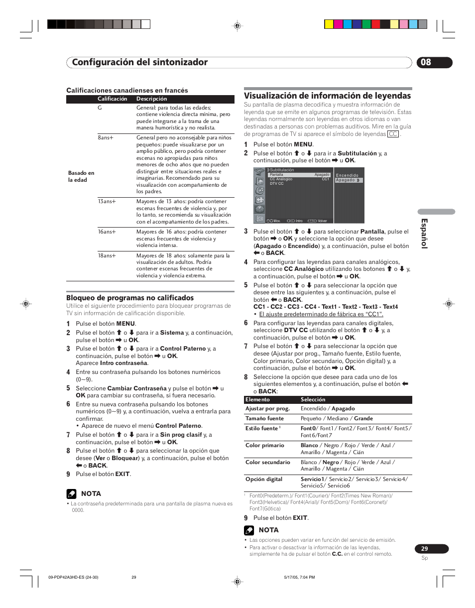 Bloqueo de programas no calificados, Visualización de información de leyendas, 08 configuración del sintonizador | Visualización, Información, Leyendas, Español | Pioneer PureVision PDP 42A3HD User Manual | Page 117 / 134