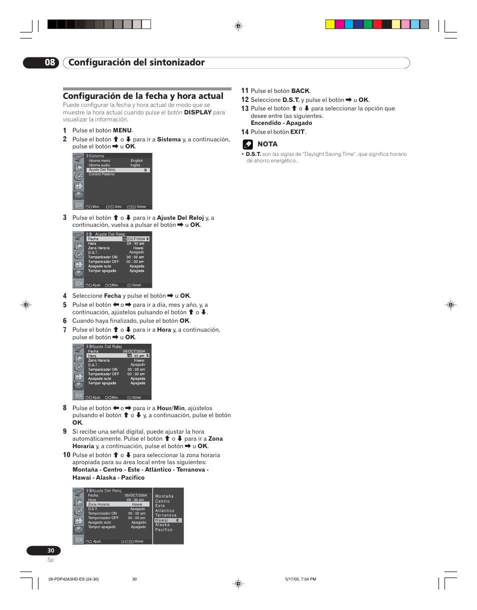 Configuración de la fecha y hora actual, 08 configuración del sintonizador | Pioneer PureVision PDP 42A3HD User Manual | Page 118 / 134