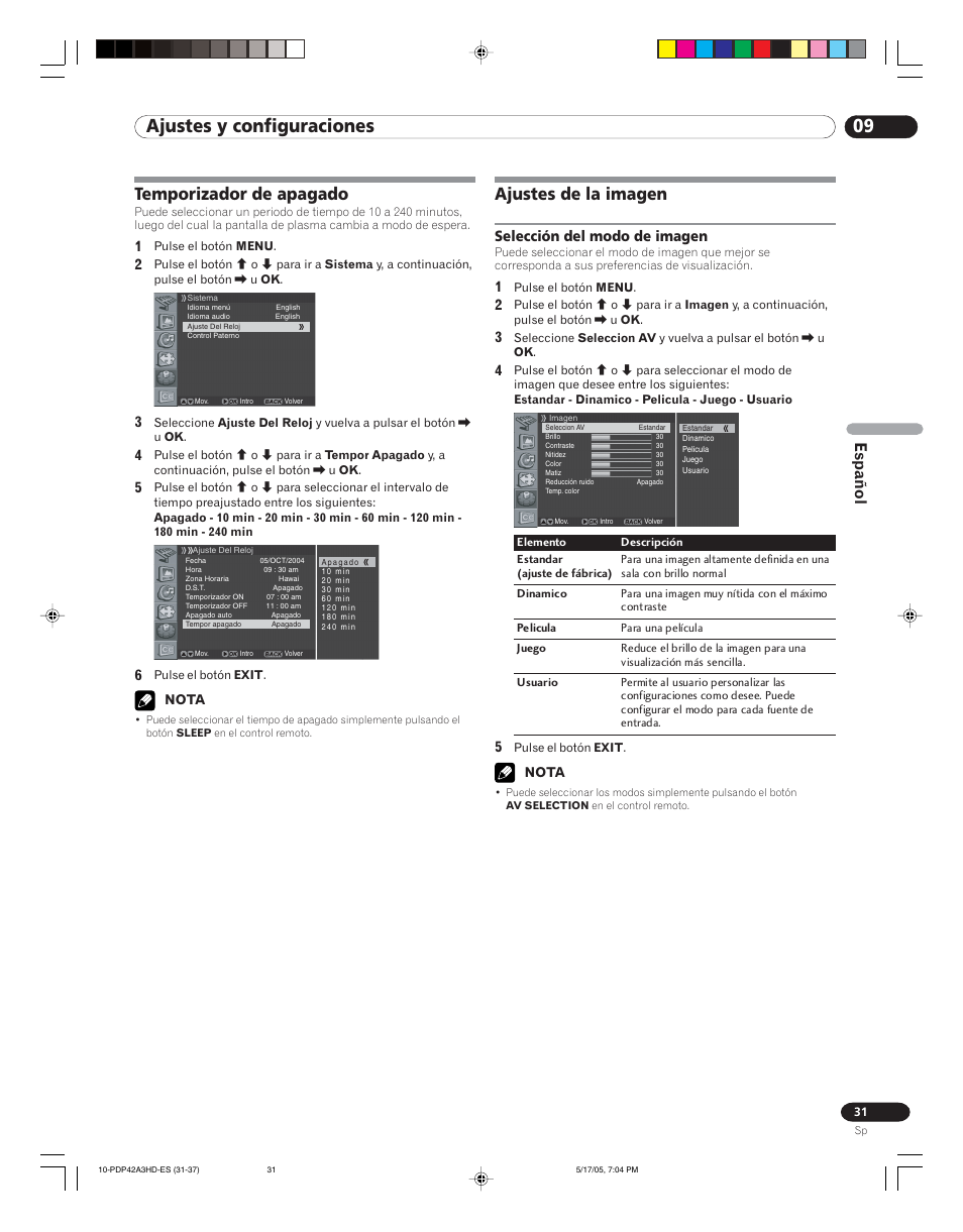 09 ajustes y configuraciones, Temporizador de apagado ajustes de la imagen, Selección del modo de imagen | Temporizador de apagado, Ajustes de la imagen, Español | Pioneer PureVision PDP 42A3HD User Manual | Page 119 / 134