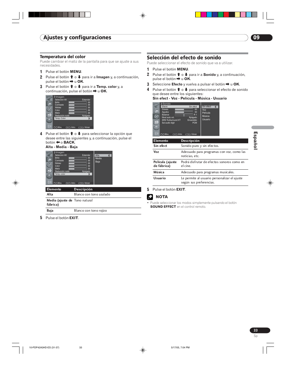 Temperatura del color, Selección del efecto de sonido, 09 ajustes y configuraciones | Español | Pioneer PureVision PDP 42A3HD User Manual | Page 121 / 134